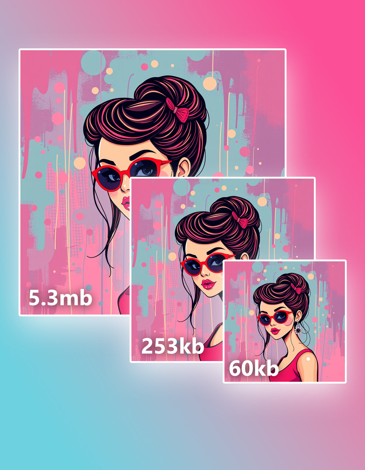 Image compression shown in two stages, size noted in corner.