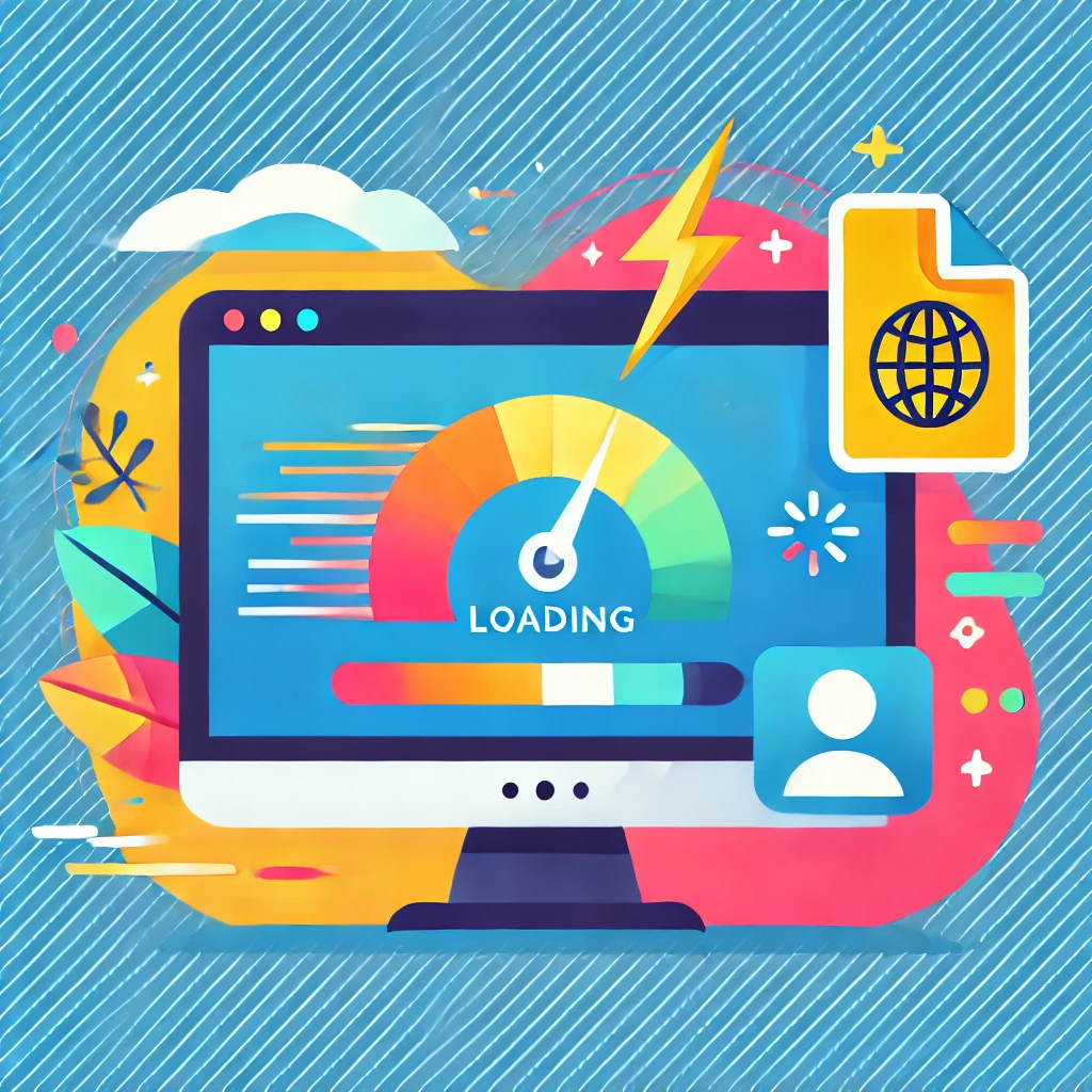 Flat-style illustration of a computer screen with a fast-loading progress bar, surrounded by icons representing speed, optimization, and user accessibility